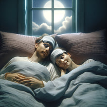 Load image into Gallery viewer, Couple resting in bed in a promotional scene for the His and Hers two-mask sleep bundle