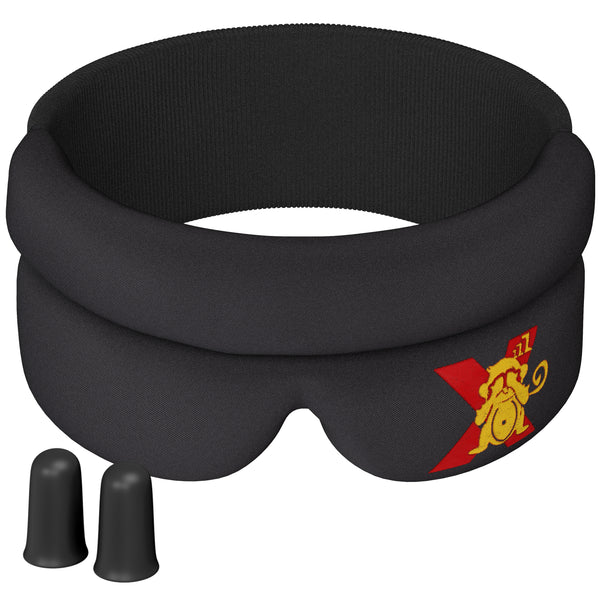 Black Sleep Monkey X sleep mask with wide elastic headband and earplugs