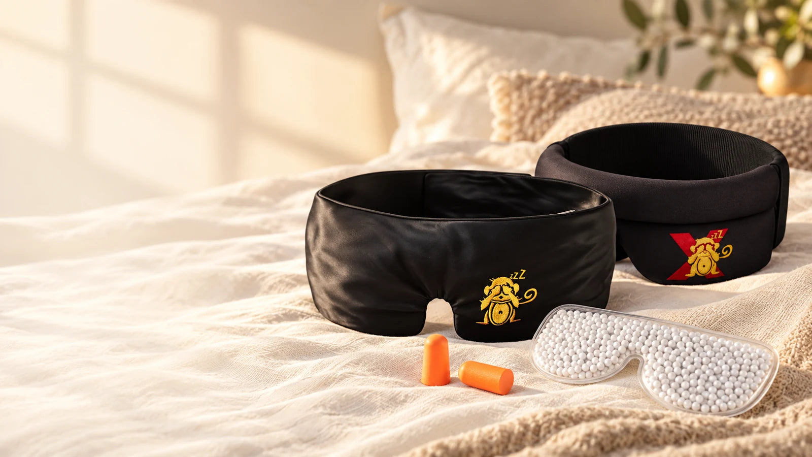 Sleep Monkey mulberry silk and X sleep masks styled on linen, with the silk kit's cooling insert and earplugs