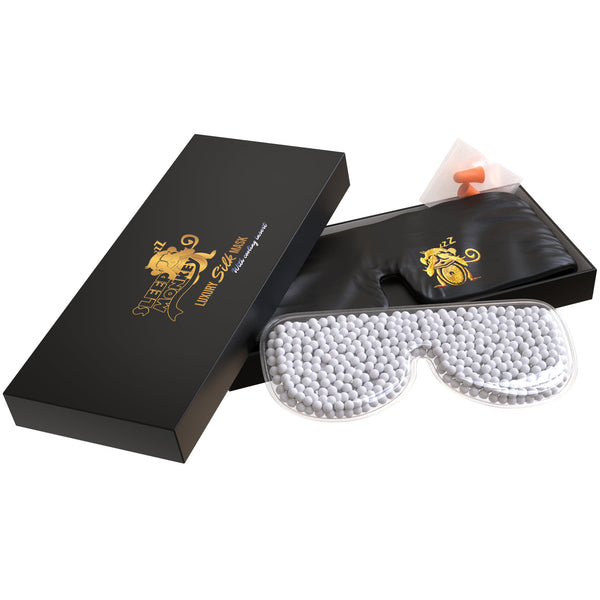 Black Sleep Monkey mulberry silk sleep mask set with cooling gel insert, earplugs and presentation box