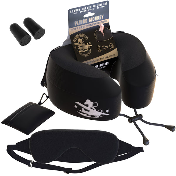 Flying Monkey travel kit with black memory-foam neck pillow, eye mask, earplugs and packaging